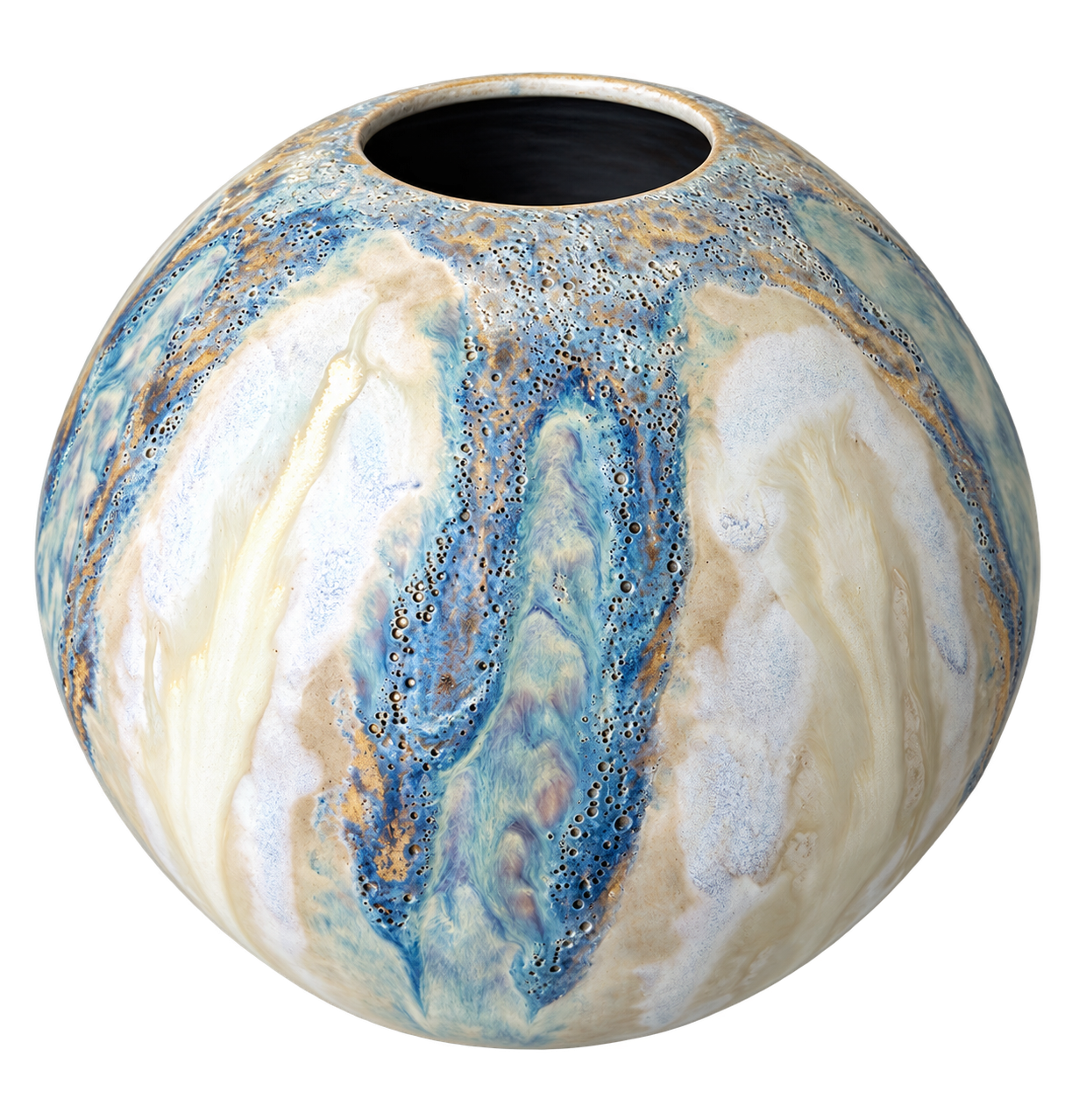 Kugelvase mit reaktiver Meeresglasur in Blau, Creme und Ocker