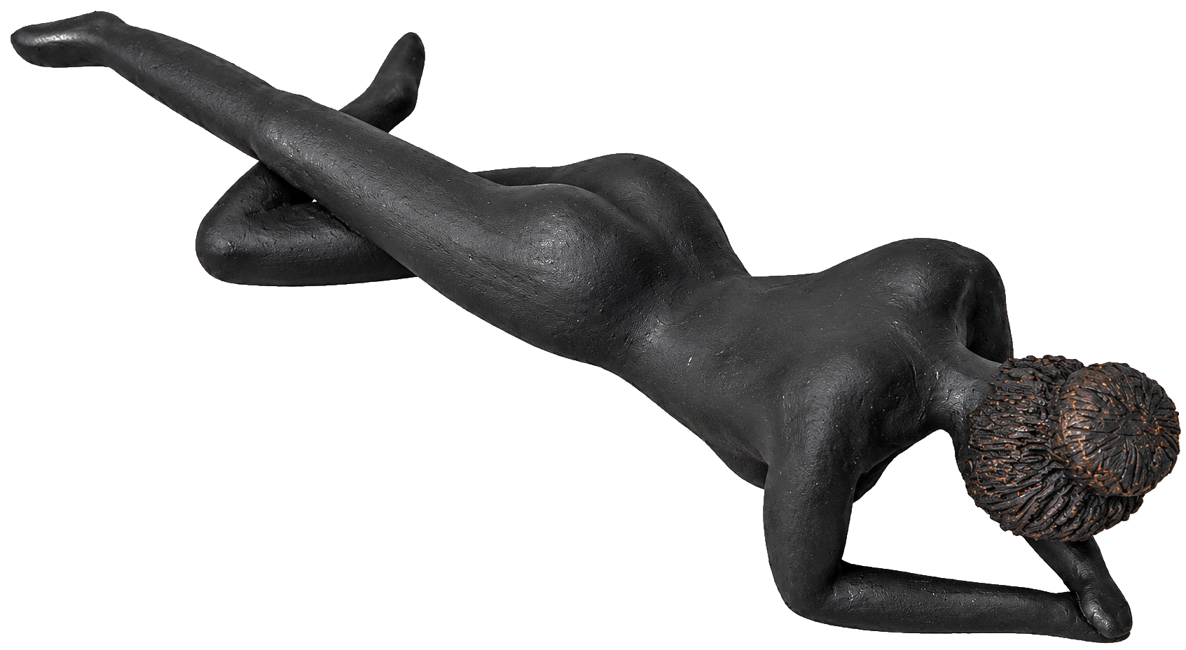 Freigestellte liegende schwarze Keramikskulptur