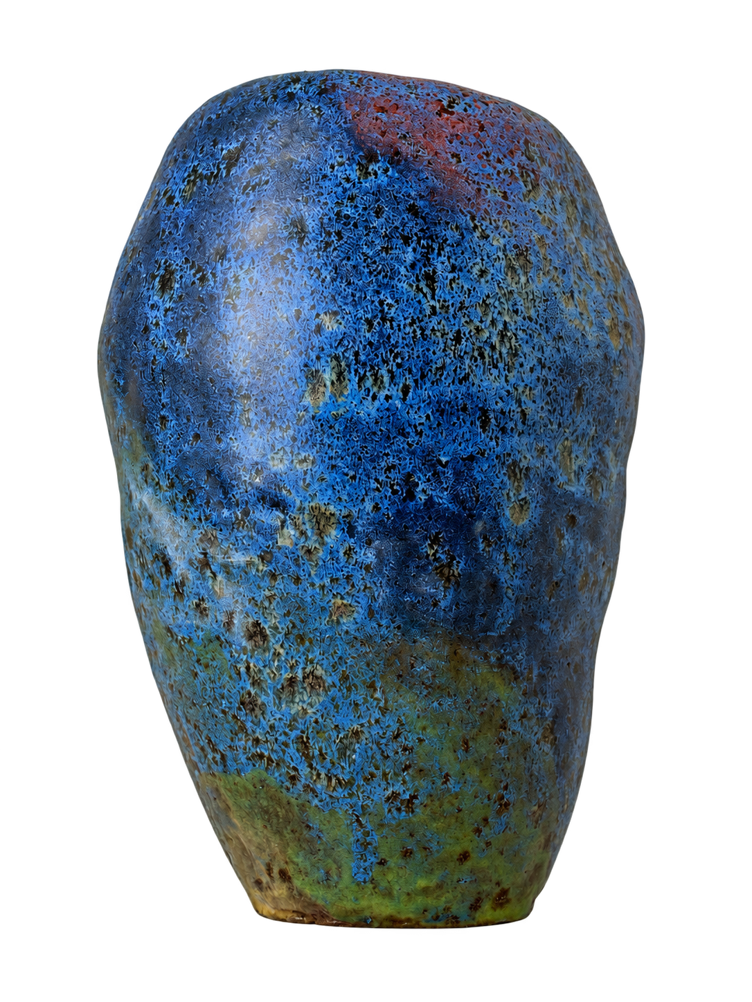 Freigestellte Keramikvase mit blaugr&uuml;ner Glasur und rostfarbenen Akzenten